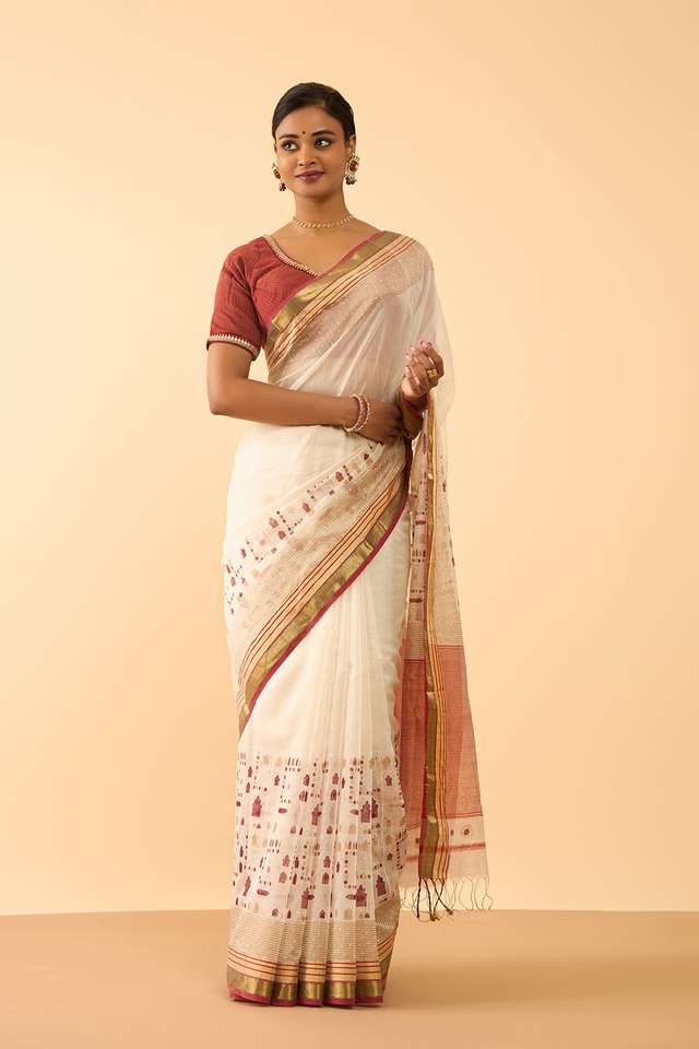 Off White Rajasthan Pure Silk Cotton Printed Sanganeri Saree thumbnail image number null