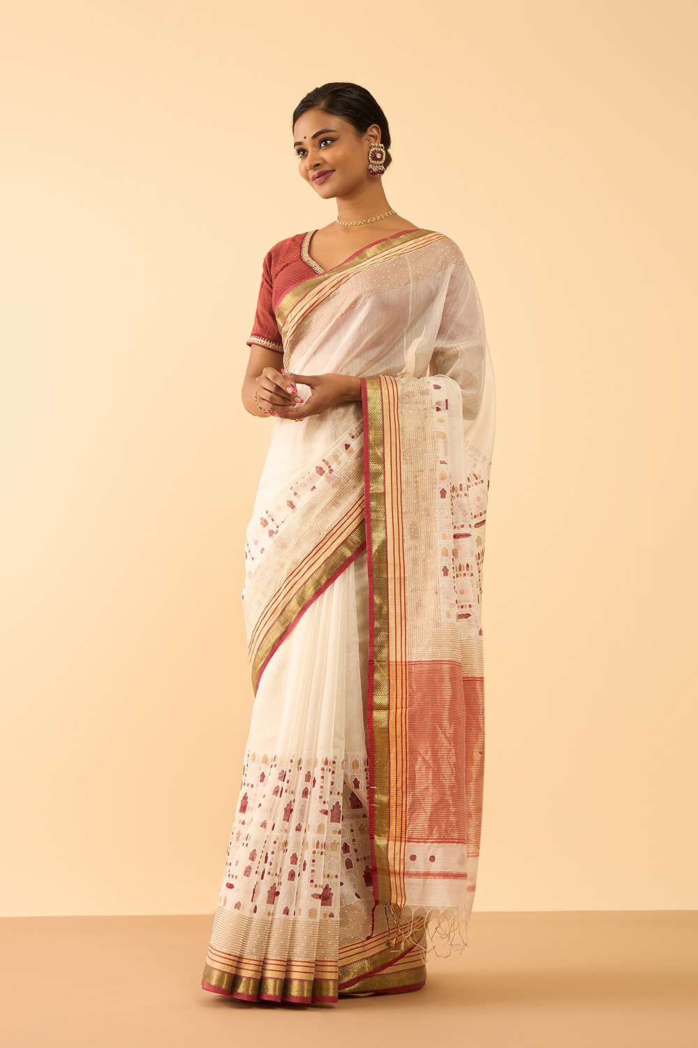 Off White Rajasthan Pure Silk Cotton Printed Sanganeri Saree image number null
