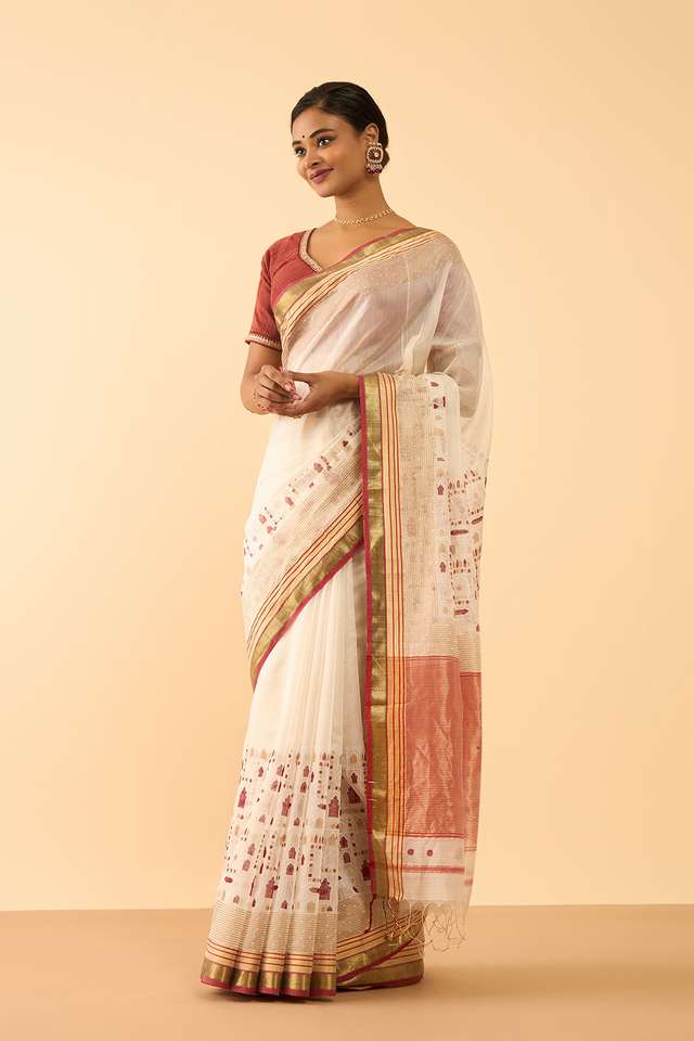 Off White Rajasthan Pure Silk Cotton Printed Sanganeri Saree thumbnail image number null