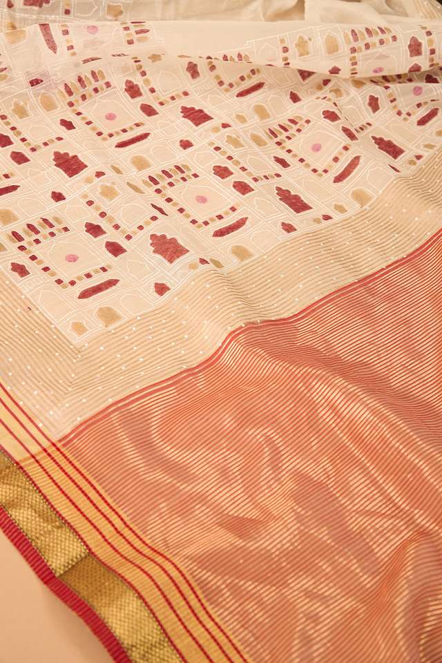 Off White Rajasthan Pure Silk Cotton Printed Sanganeri Saree thumbnail image number null