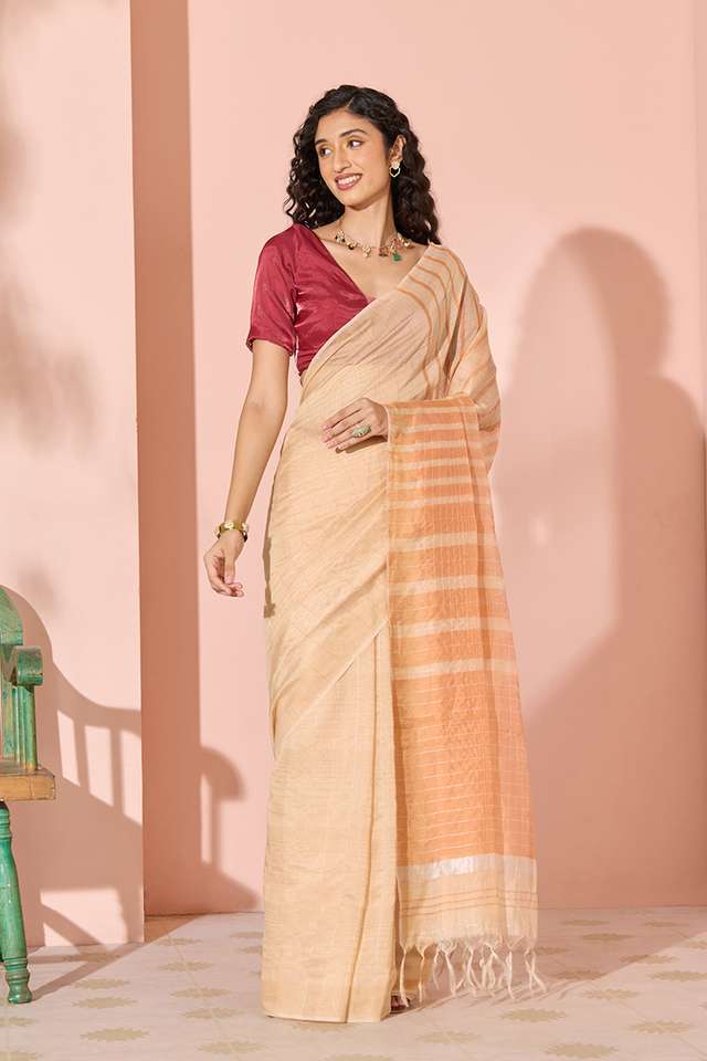 Light Orange Woven Silk Viscose Bhagalpur Saree thumbnail image number null