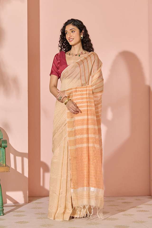 Light Orange Woven Silk Viscose Bhagalpur Saree thumbnail image number null