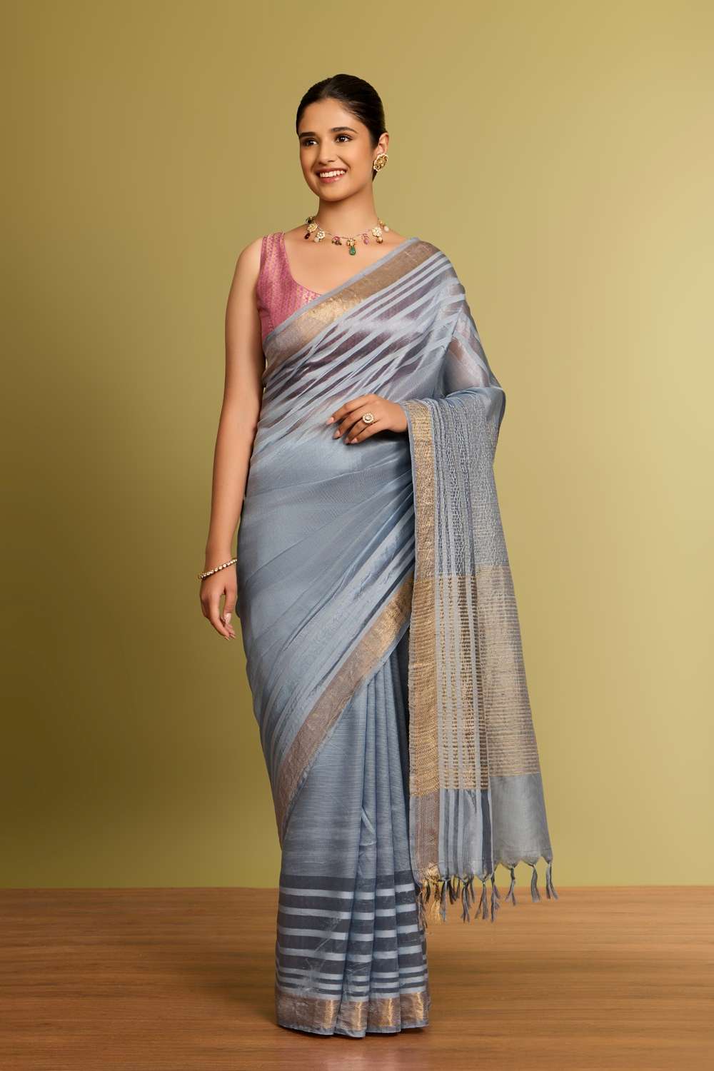 Grey Bhagalpur Woven Silk Tencel Saree image number null