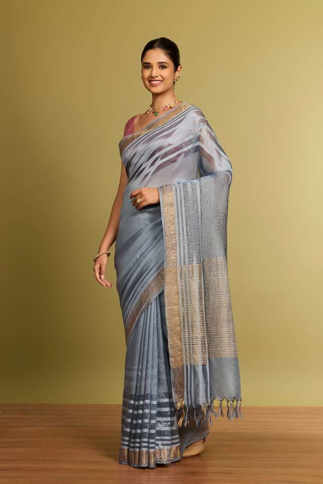 Grey Bhagalpur Woven Silk Tencel Saree thumbnail image number null