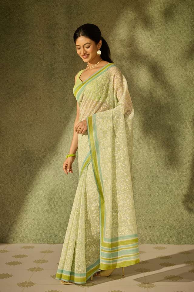 Light Green Rajasthan Pure Silk Cotton Printed Sanganeri Saree thumbnail image number null