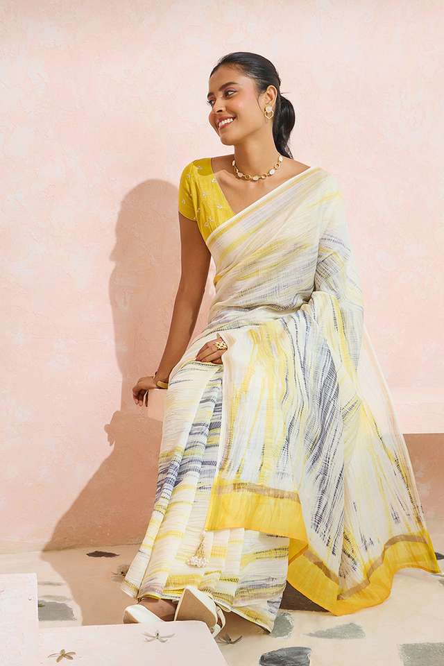 Light Yellow Pure Silk Cotton Tie and Dye Saree image number