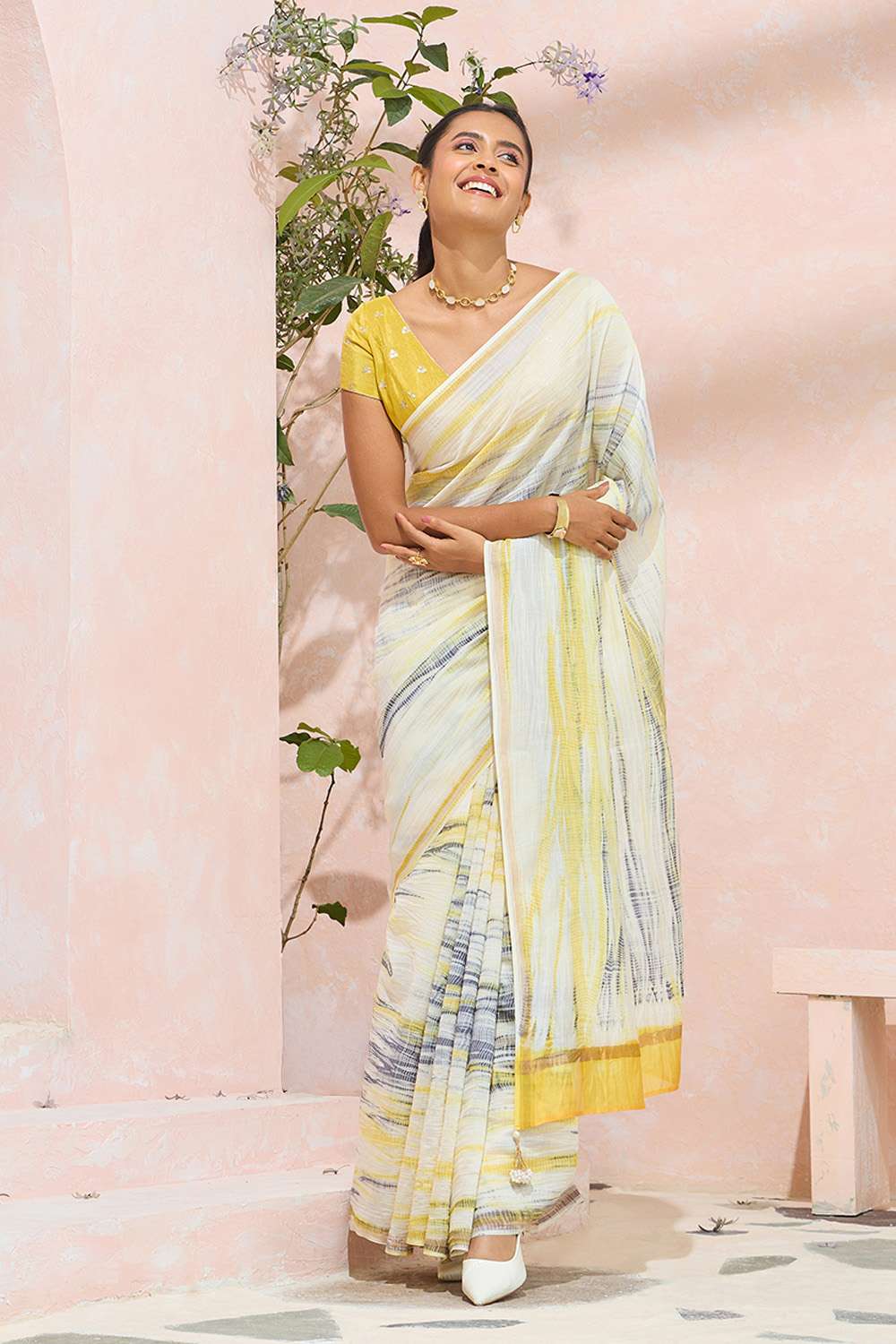 Light Yellow Pure Silk Cotton Tie and Dye Saree image number null