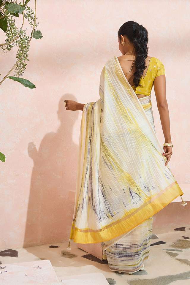 Light Yellow Pure Silk Cotton Tie and Dye Saree thumbnail image number null