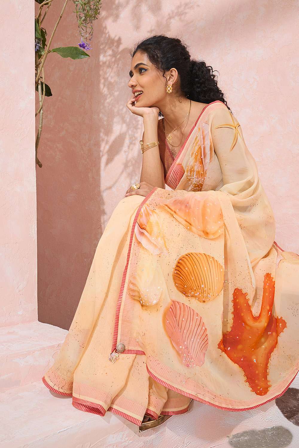 Orange Printed Embroidered Viscose Organza Saree image number null
