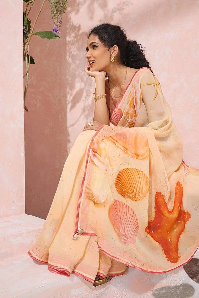 Orange Printed Embroidered Viscose Organza Saree image number