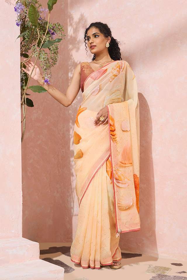 Orange Printed Embroidered Viscose Organza Saree thumbnail image number null