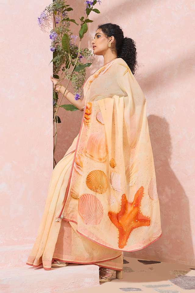 Orange Printed Embroidered Viscose Organza Saree thumbnail image number null