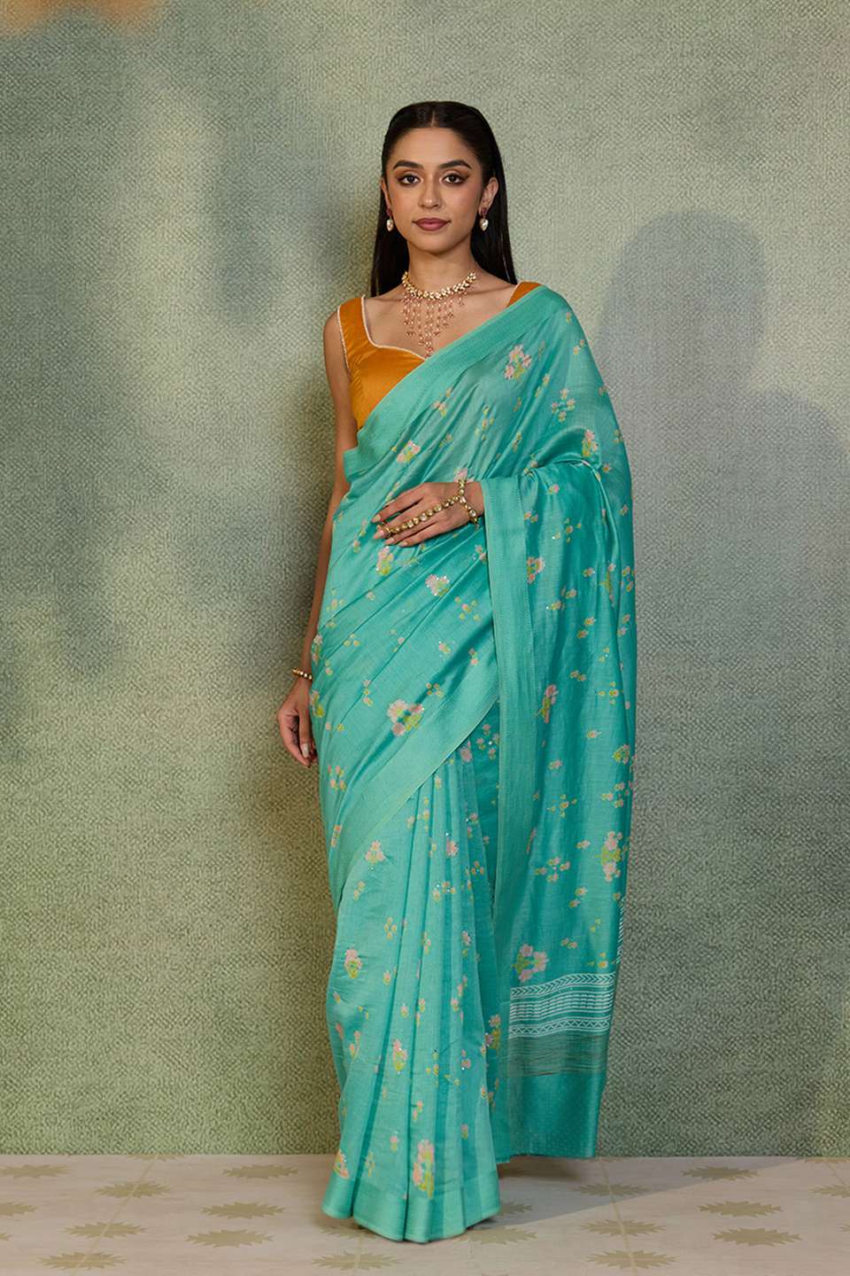 Light Blue Screen Print Mukaish Pure Silk Cotton Saree