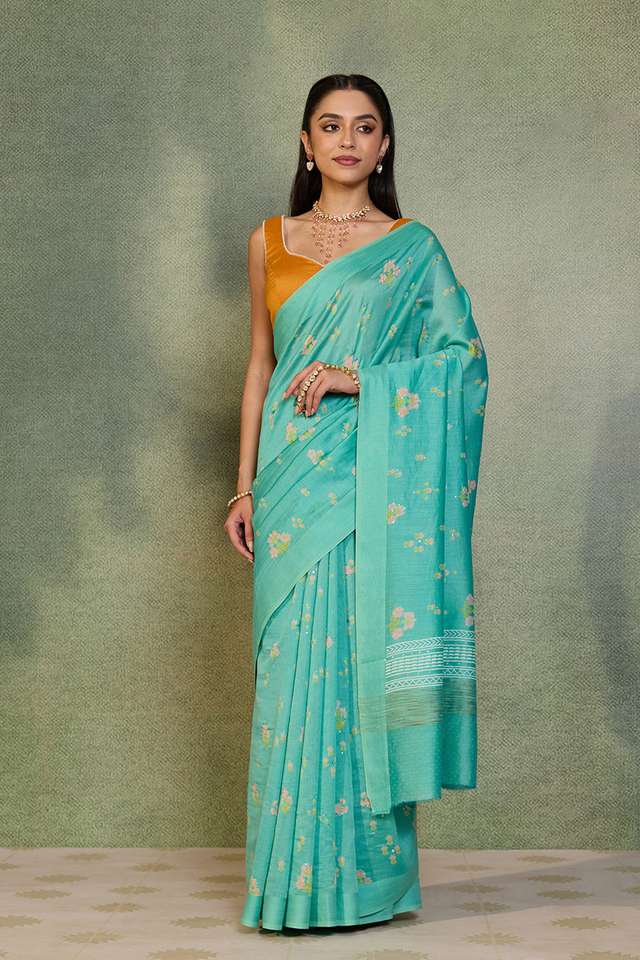 Light Blue Screen Print Mukaish Pure Silk Cotton Saree thumbnail image number null