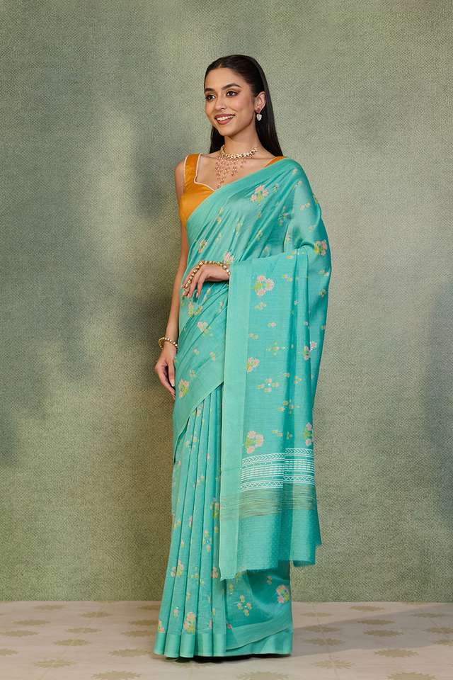 Light Blue Screen Print Mukaish Pure Silk Cotton Saree thumbnail image number null