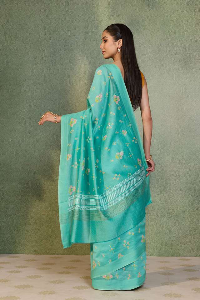 Light Blue Screen Print Mukaish Pure Silk Cotton Saree thumbnail image number null