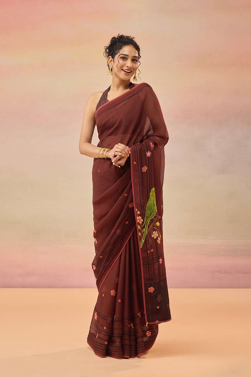 Brown Viscose Organza Embroidered Sequin Saree