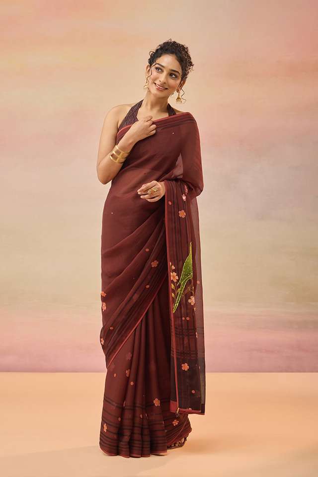 Brown Viscose Organza Embroidered Sequin Saree thumbnail image number null