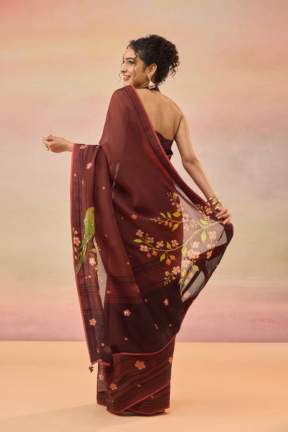 Brown Viscose Organza Embroidered Sequin Saree image number null