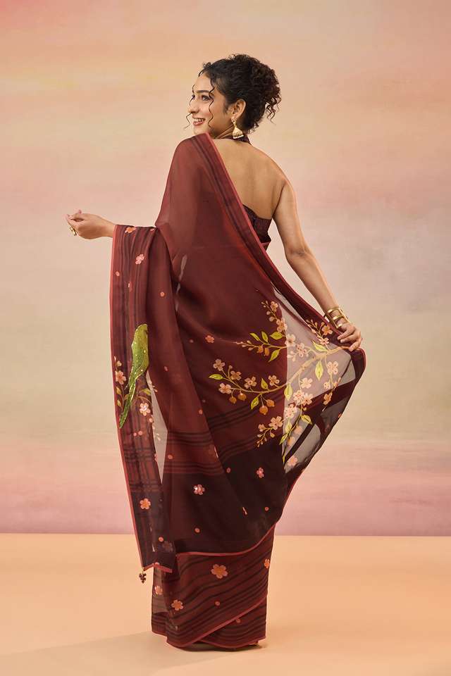 Brown Viscose Organza Embroidered Sequin Saree thumbnail image number null