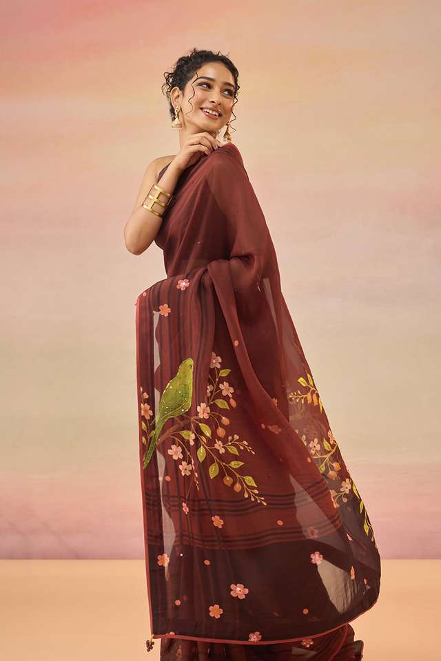 Brown Viscose Organza Embroidered Sequin Saree thumbnail image number null