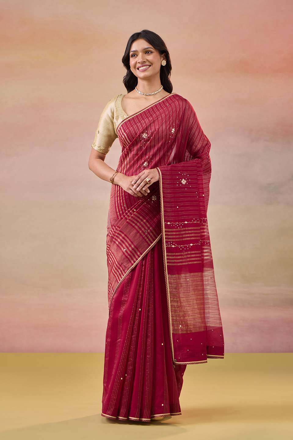 Dark Red Pure Silk Cotton Gota Patti Saree