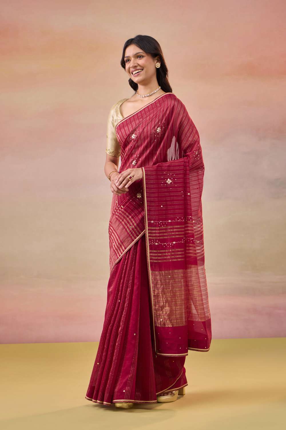 Dark Red Pure Silk Cotton Gota Patti Saree image number null