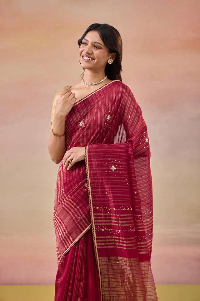Dark Red Pure Silk Cotton Gota Patti Saree thumbnail image number null