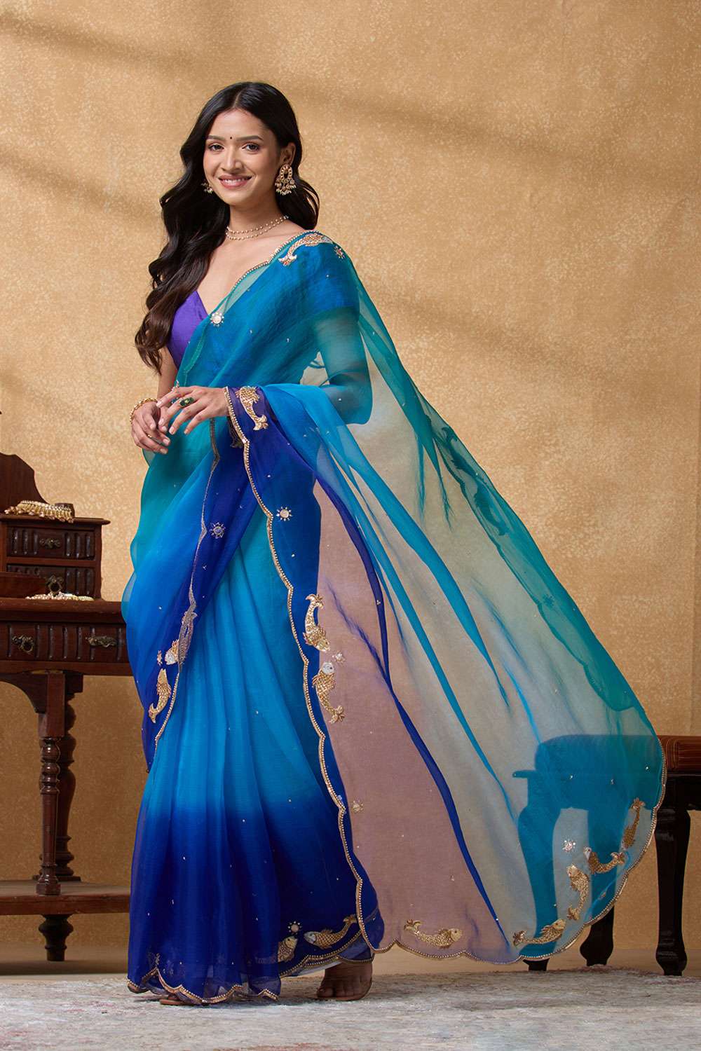 Blue Pure Silk Organza Applique Saree image number null