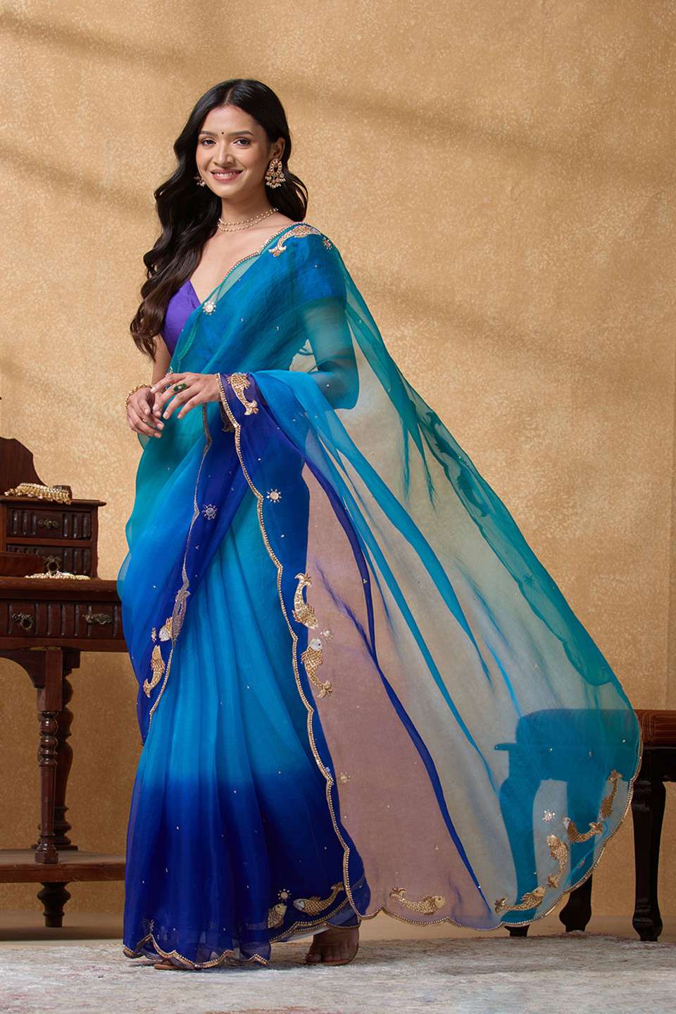 Blue Pure Silk Organza Applique Saree