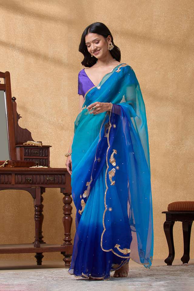Blue Pure Silk Organza Applique Saree thumbnail image number null
