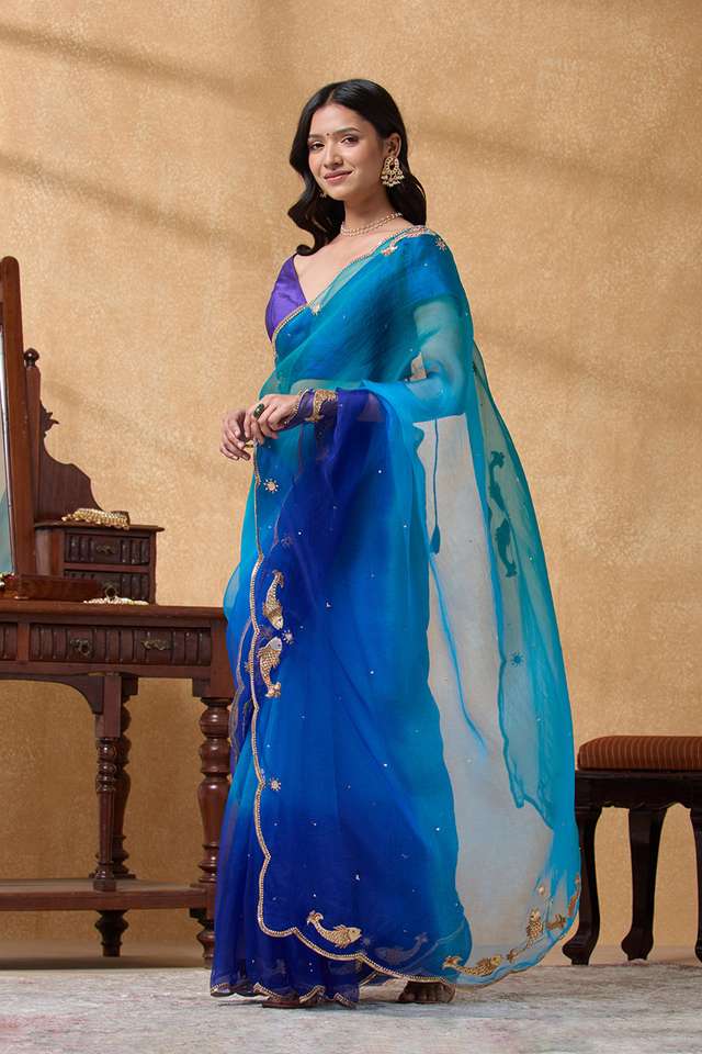Blue Pure Silk Organza Applique Saree thumbnail image number null