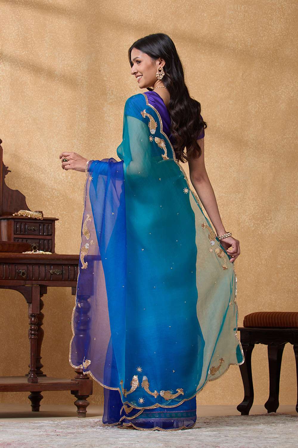 Blue Pure Silk Organza Applique Saree image number null