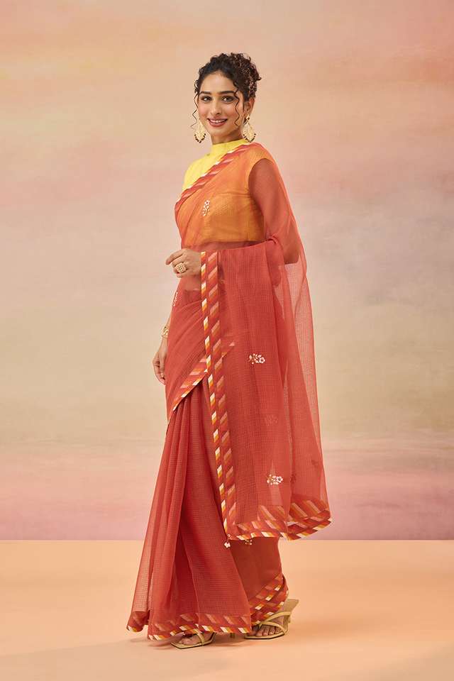 Dark Red Embroidered Pure Cotton Kota Saree thumbnail image number null