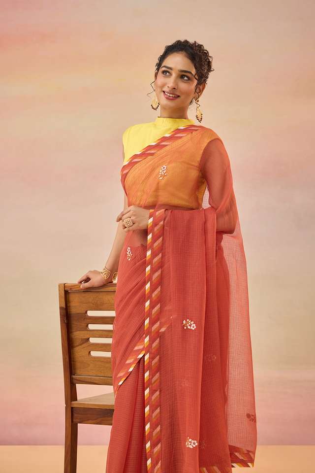 Dark Red Embroidered Pure Cotton Kota Saree thumbnail image number null