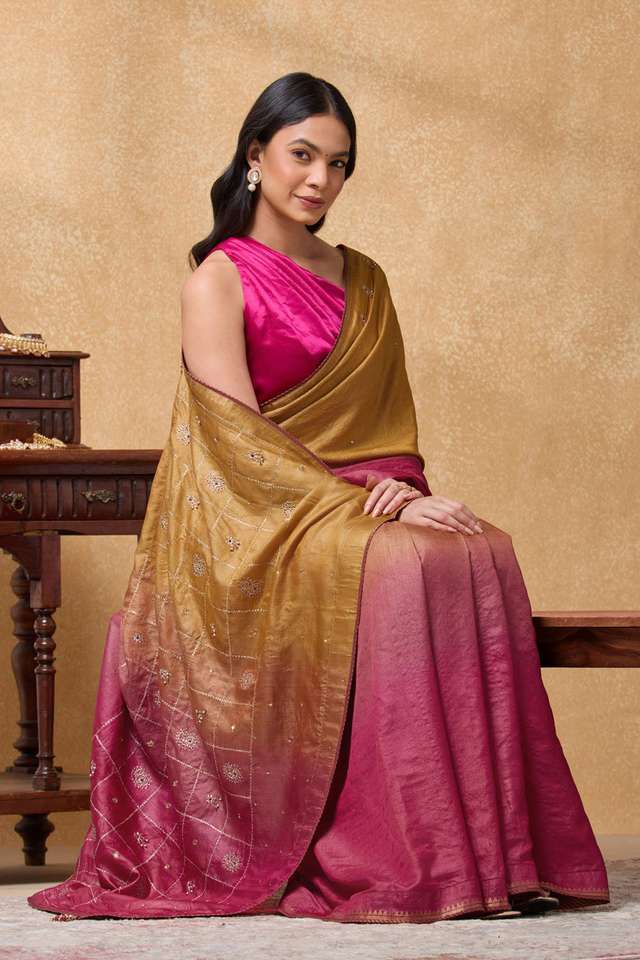 Orange Pure Silk Tussar Embroidered Saree image number