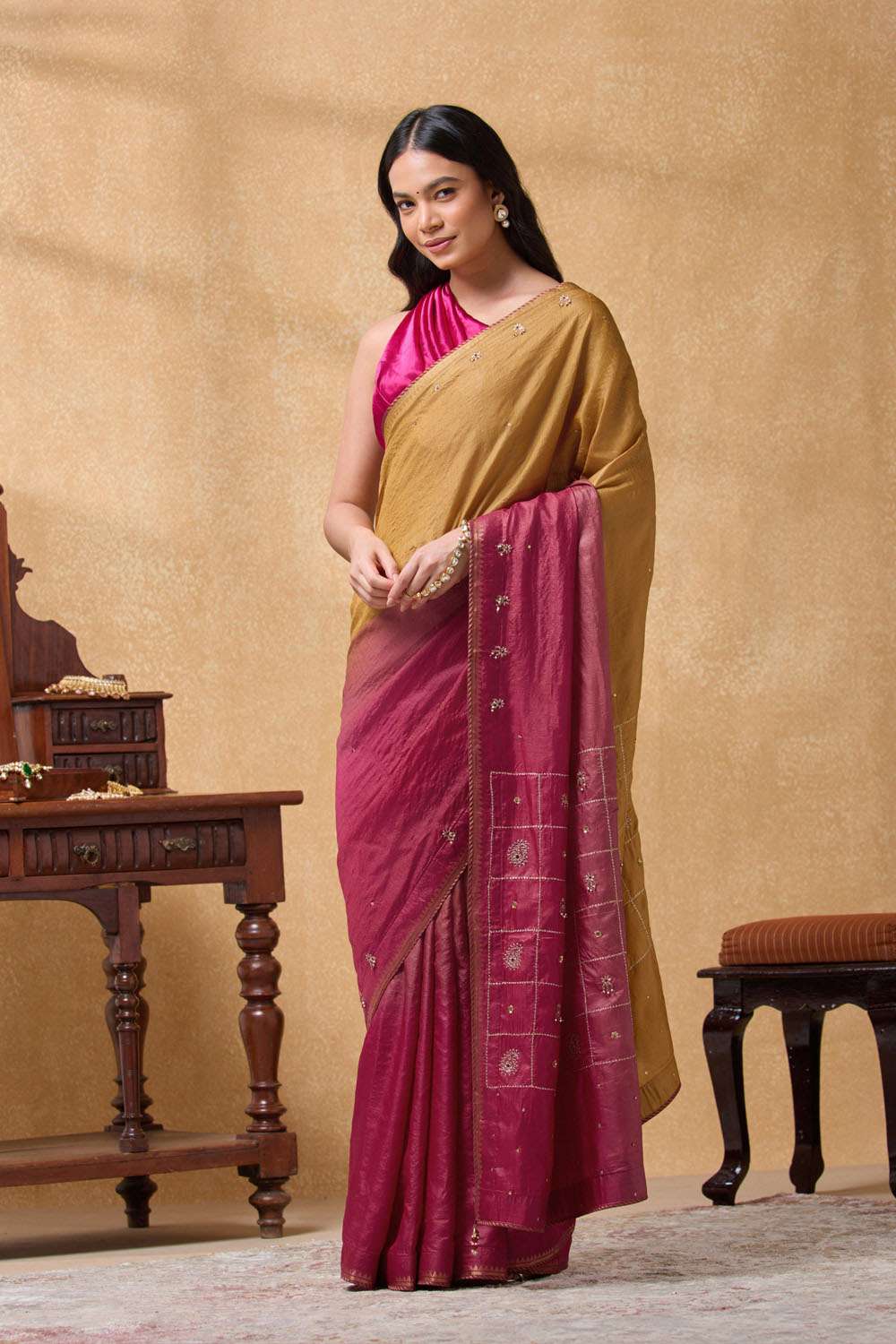 Orange Pure Silk Tussar Embroidered Saree image number null