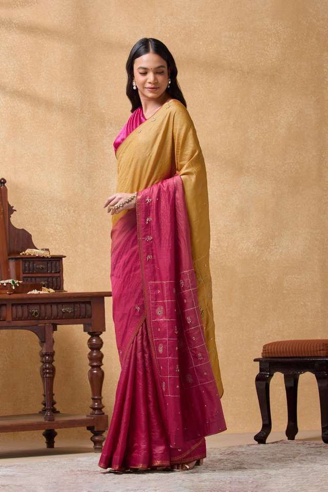 Orange Pure Silk Tussar Embroidered Saree thumbnail image number null