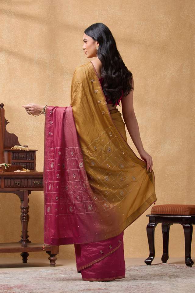 Orange Pure Silk Tussar Embroidered Saree thumbnail image number null