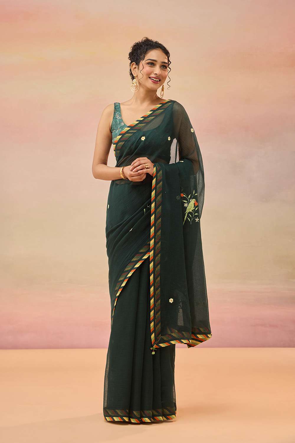 Dark Green Embroidered Pure Cotton Kota Saree image number null