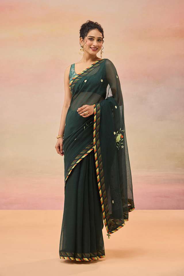 Dark Green Embroidered Pure Cotton Kota Saree thumbnail image number null