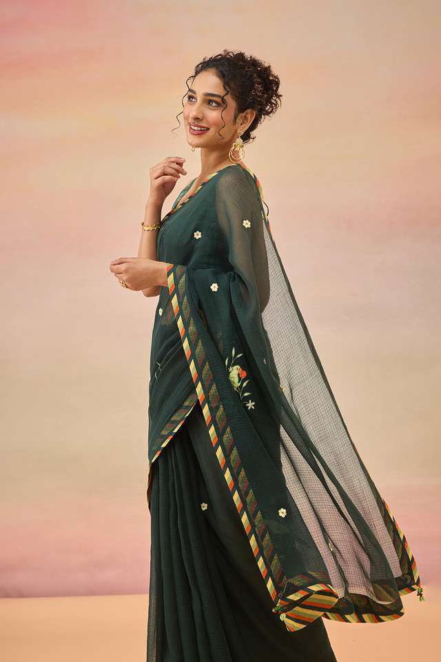Dark Green Embroidered Pure Cotton Kota Saree thumbnail image number null