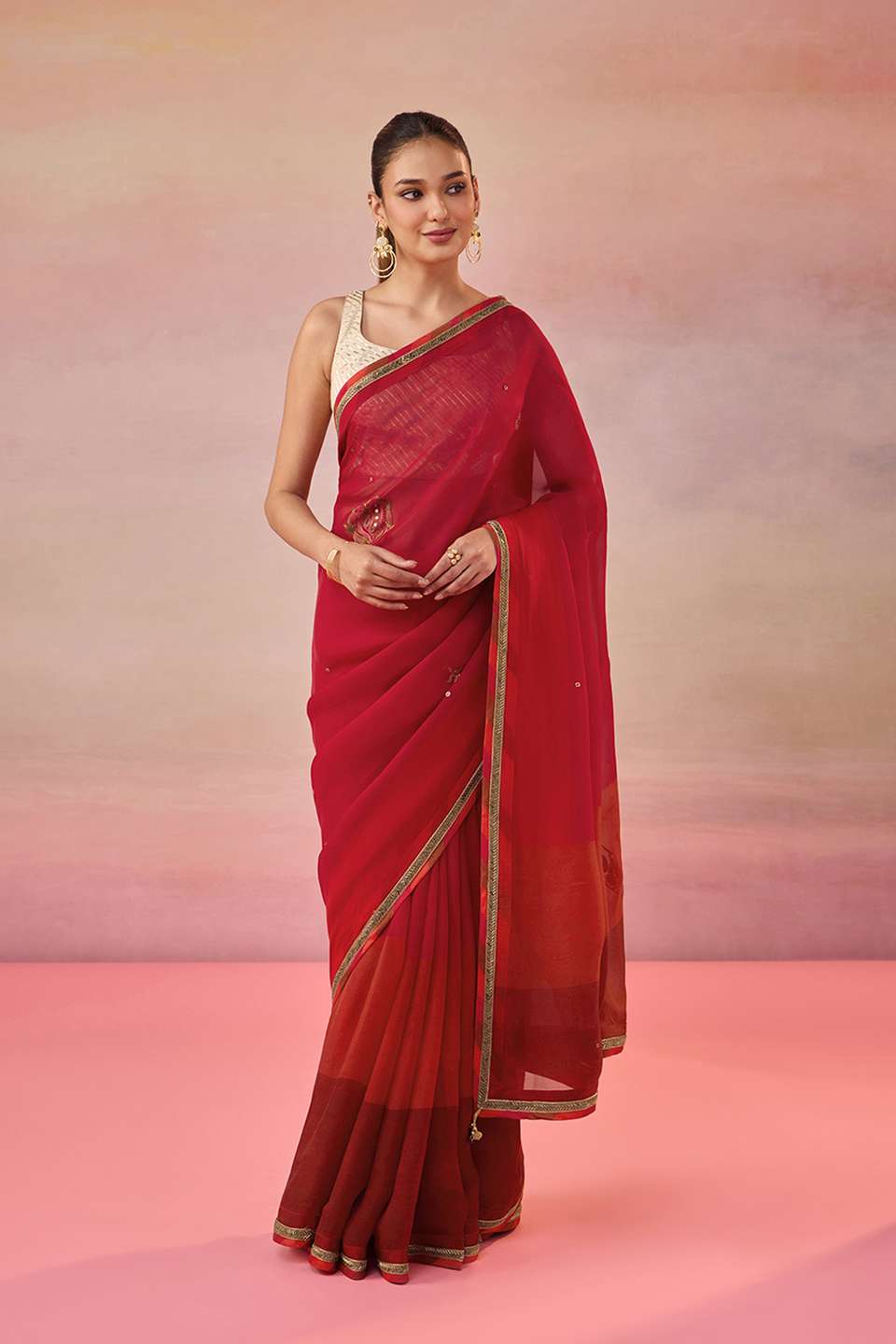 Red Viscose Organza Embroidered Saree
