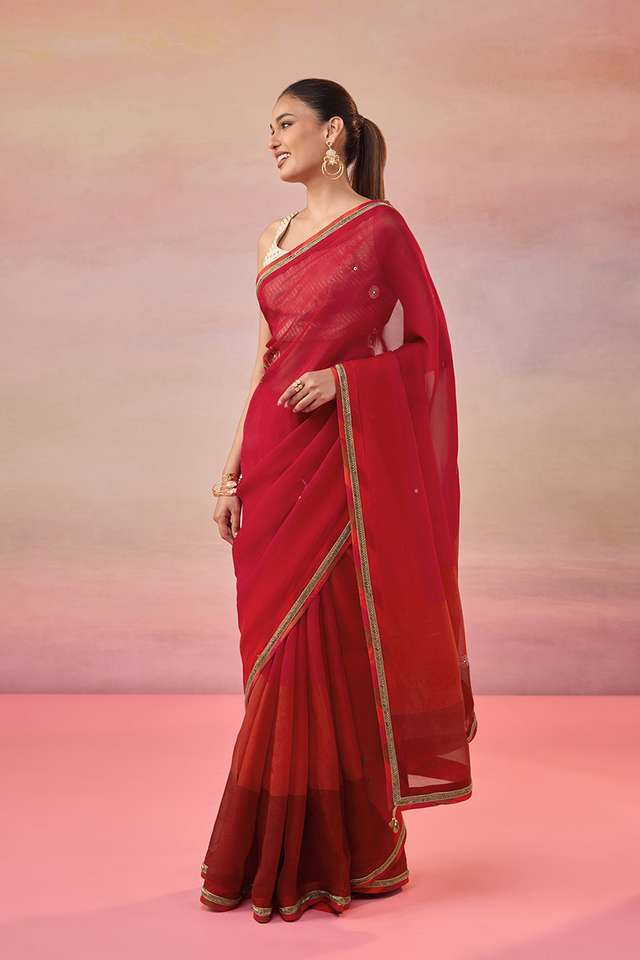 Red Viscose Organza Embroidered Saree thumbnail image number null