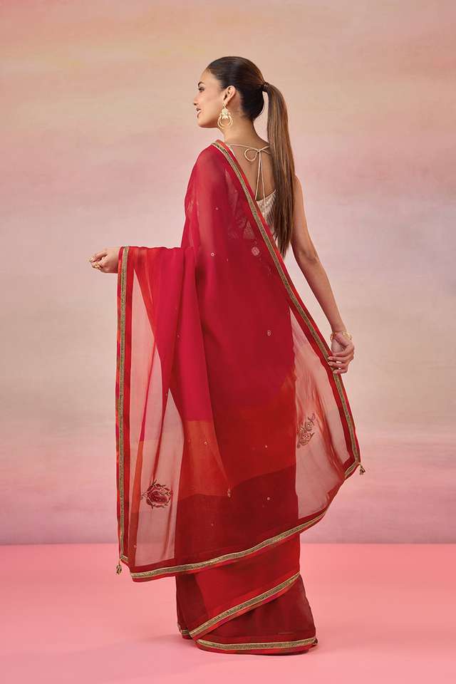 Red Viscose Organza Embroidered Saree thumbnail image number null
