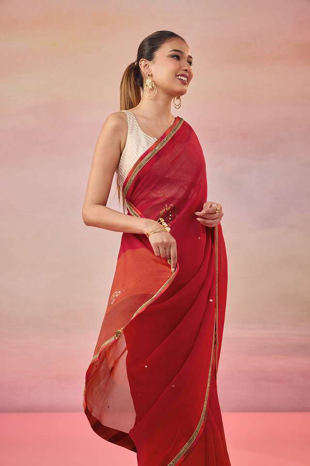 Red Viscose Organza Embroidered Saree thumbnail image number null