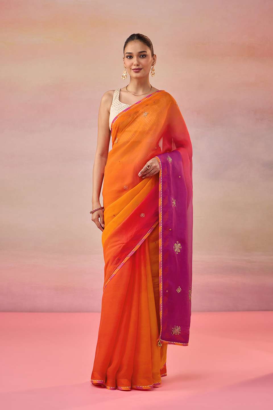 Orange Viscose Organza Embroidered Saree