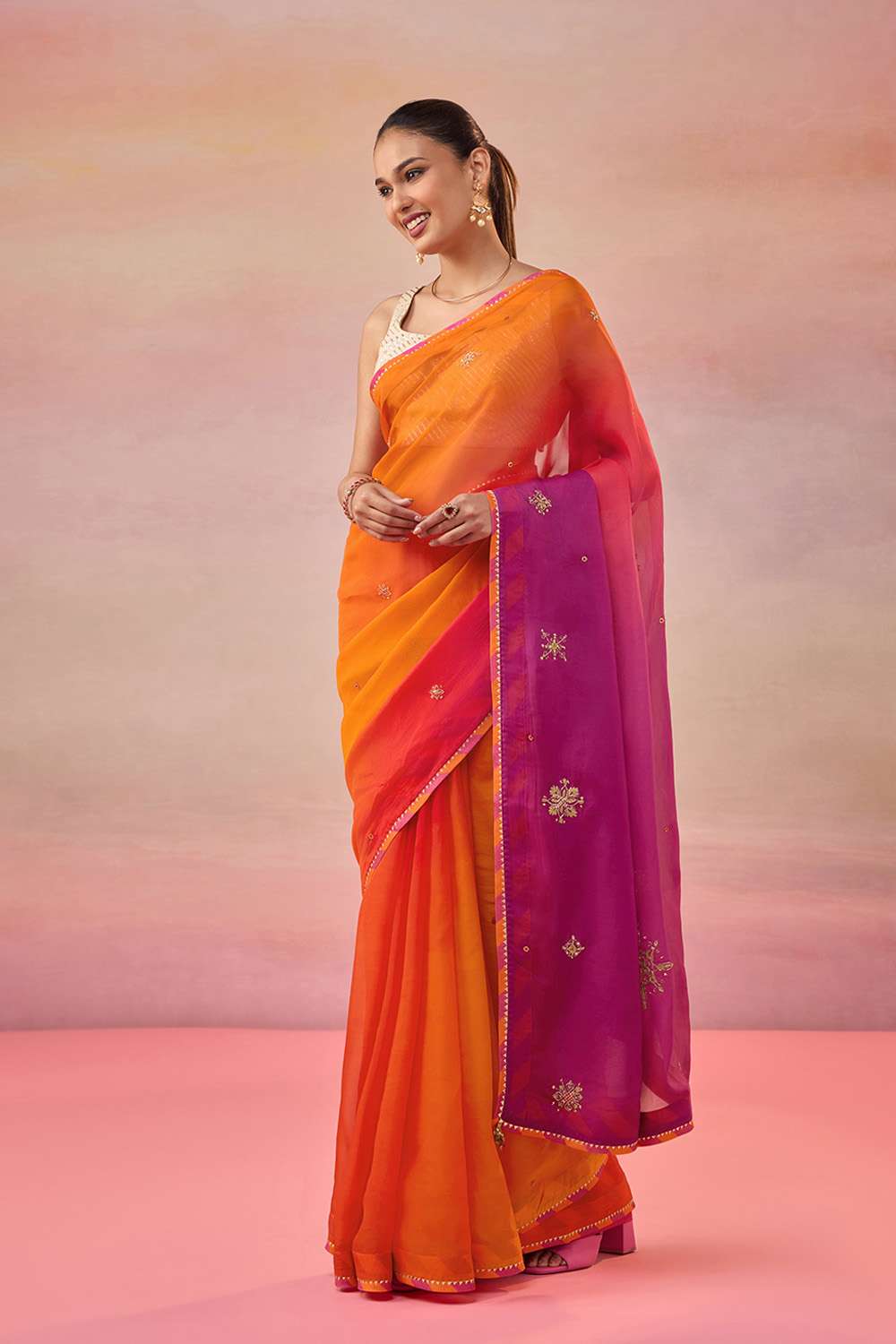 Orange Viscose Organza Embroidered Saree image number null