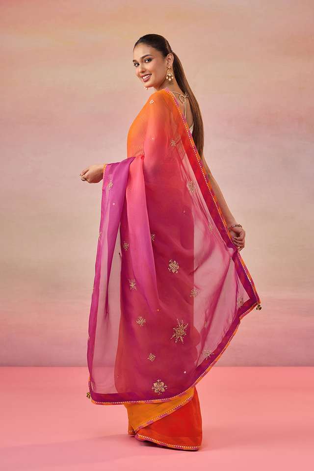 Orange Viscose Organza Embroidered Saree thumbnail image number null