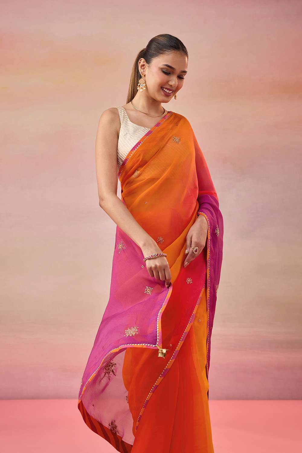 Orange Viscose Organza Embroidered Saree image number null